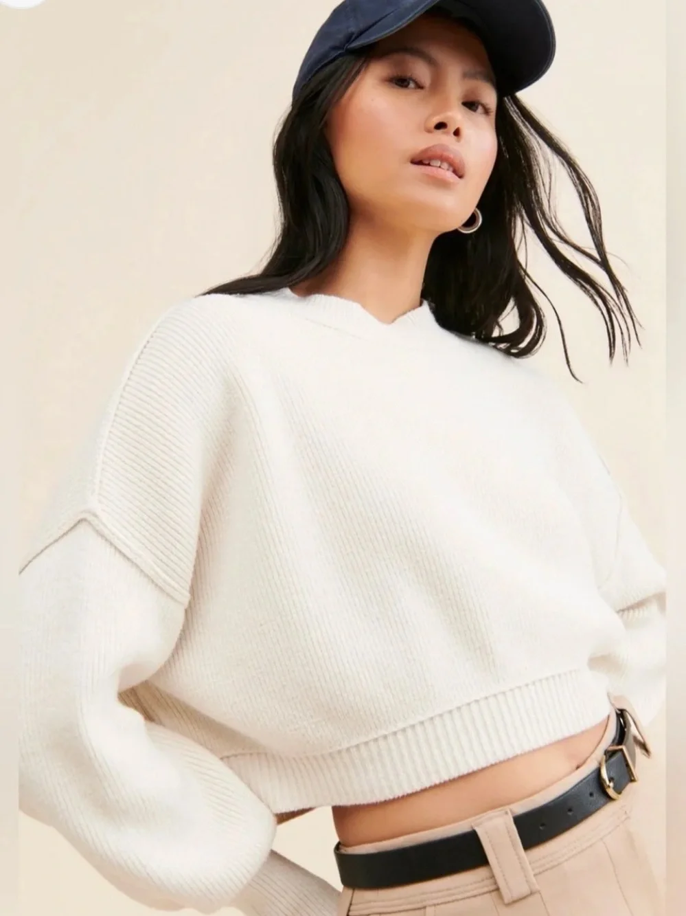 Free People Easy Street Crop Sweater Cream Oversized Ribbed Knit M